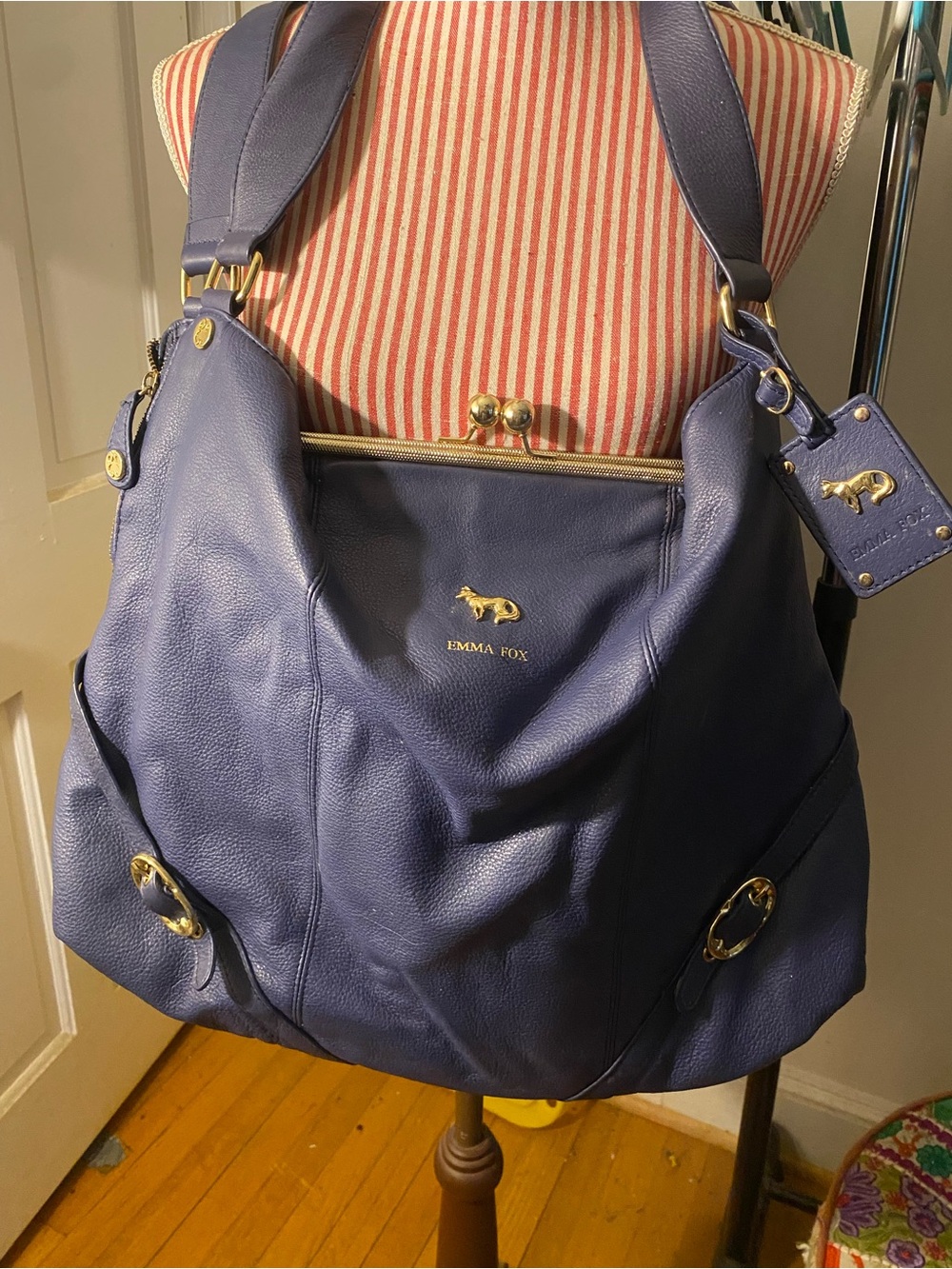 Emma Fox Indigo Leather Shoulder Hobo with Gold Hardware